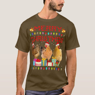 Camiseta Feliz Natal Galinha Chapéu do Papai Noel Luzes Nat