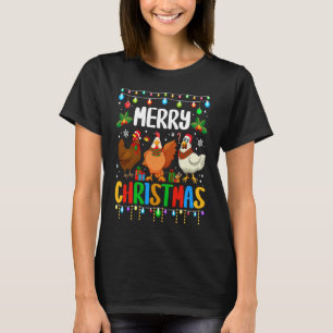 Camiseta Feliz Natal Galinha Chapéu do Papai Noel Luzes Pyj