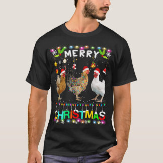 Camiseta Feliz Natal Galinha Santa Hat Luz Natal Divertido