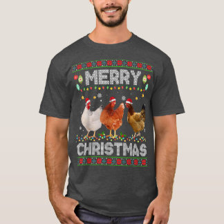 Camiseta Feliz Natal Galinha Santa Hat Luz Xmas Holi