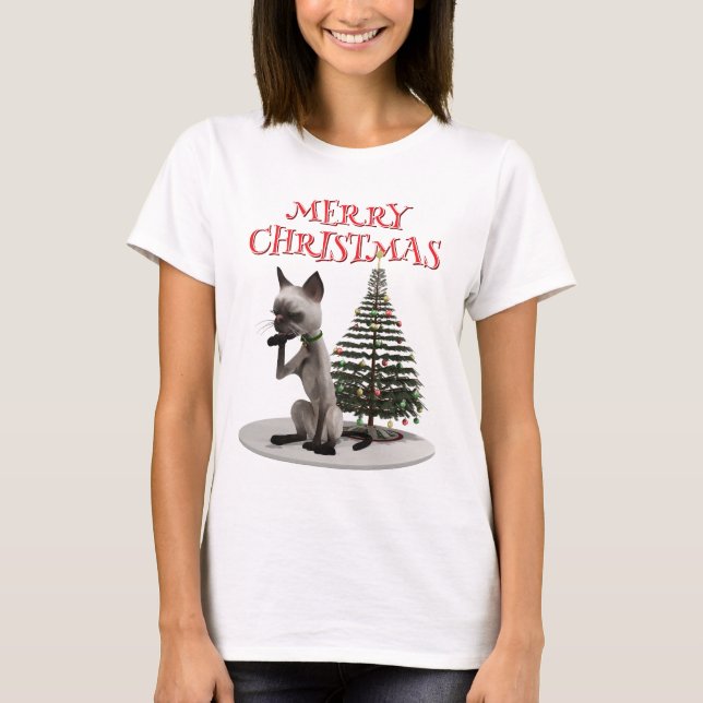 Camiseta Feliz Natal. Gato com árvore (Frente)