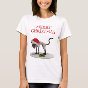 Camiseta Feliz Natal. Gato com chapéu de Papai Noel