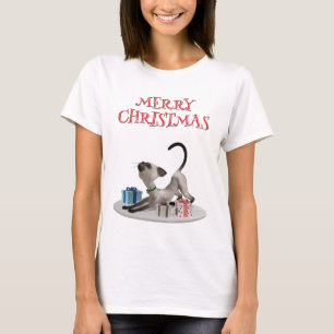 Camiseta Feliz Natal. Gato com presentes
