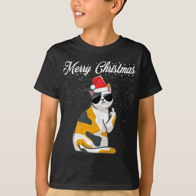 Camiseta Feliz Natal Gato do Meio Dedo Rude Xmas Feio C (Frente)