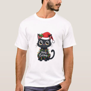 Camiseta Feliz Natal Gato Luzes de Natal Gato Preto Família