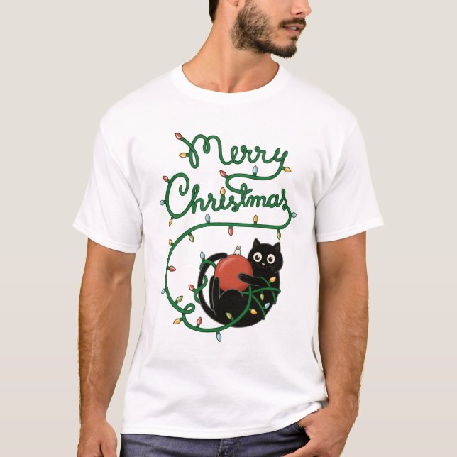 Camiseta Feliz Natal Gato Preto com Ornamento e Luzes (Frente)