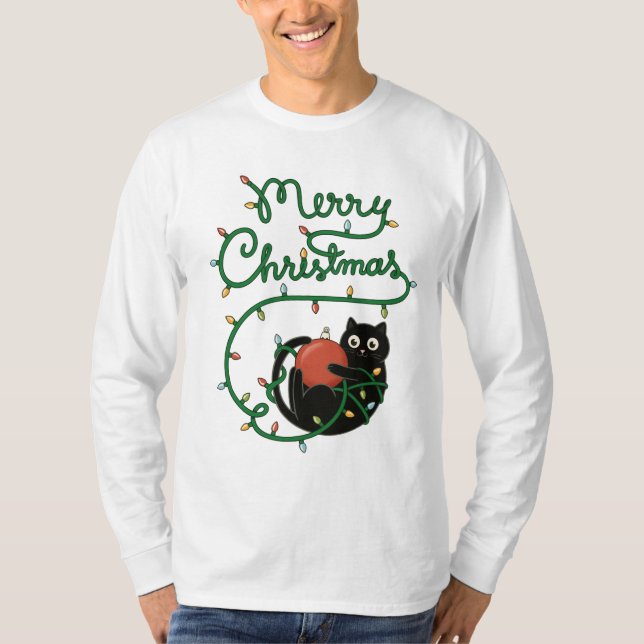 Camiseta Feliz Natal Gato Preto com Ornamento e Luzes (Frente)