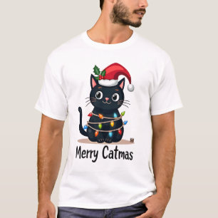Camiseta Feliz Natal Gato Preto Luz de Natal Xmas Família