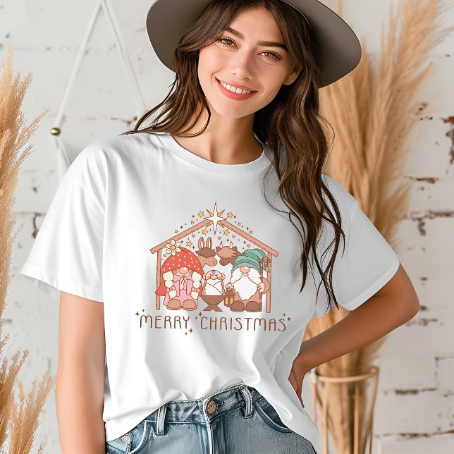 Camiseta Feliz Natal Gnome Manger Natal Religioso (Criador carregado)