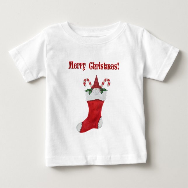 Camiseta Feliz Natal Gnomo Adorável em Red Stocks (Frente)