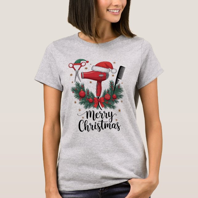 Camiseta Feliz Natal Hairstylist Hairdresser Xmas Hair (Frente)