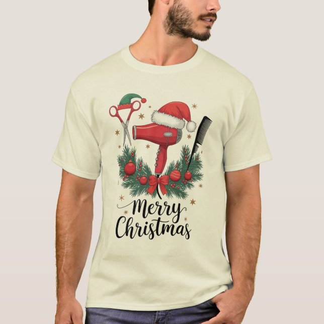 Camiseta Feliz Natal Hairstylist Hairdresser Xmas Hair (Frente)