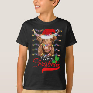 Camiseta Feliz Natal Highland Cow Western Santa Hat Xma