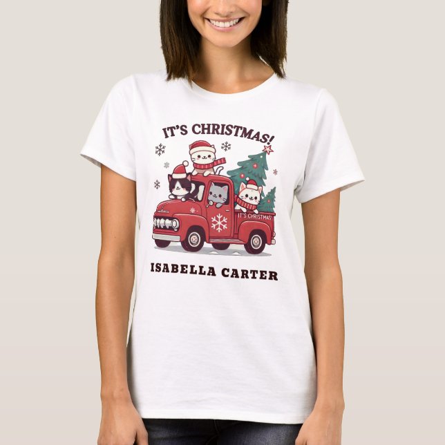 Camiseta Feliz Natal Hilário Gato das Mulheres Básicas (Frente)