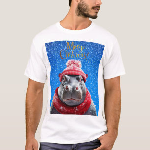 Camiseta Feliz Natal Hippo Santa Chapéu e cachecol