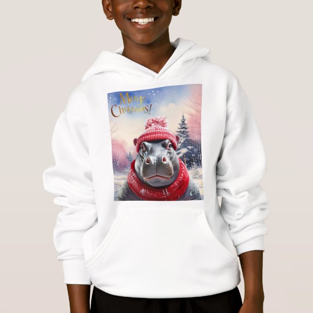 Camiseta Feliz Natal Hippo Santa Chapéu e cachecol (Frente)