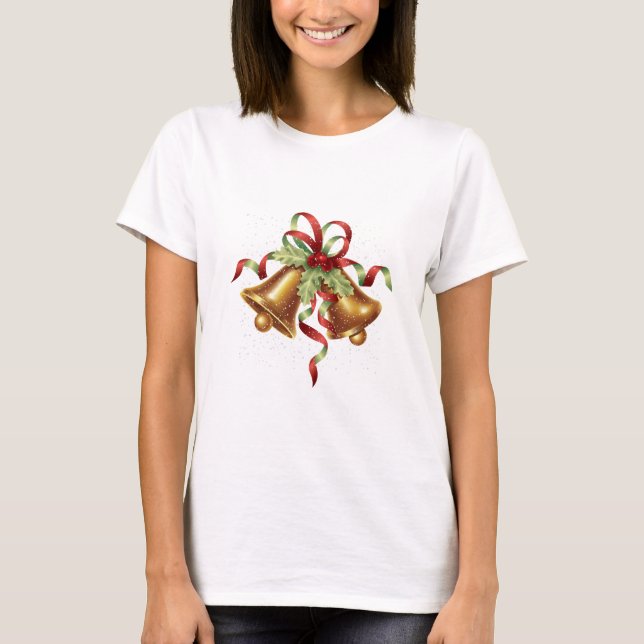 Camiseta Feliz Natal Holly Ouro Bell Red Arco (Frente)