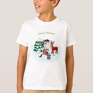 Camiseta Feliz Natal! Homem de Neve com Amigos