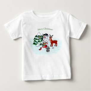 Camiseta Feliz Natal! Homem de Neve com Amigos