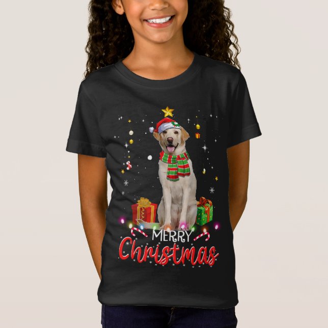 Camiseta Feliz Natal Labrador Santa Hat Tree Lights Pj (Frente)
