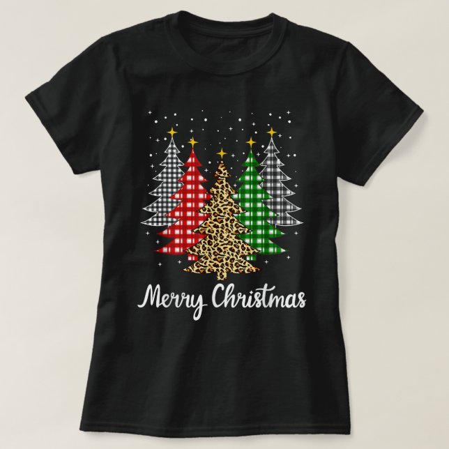 Camiseta Feliz Natal Leopard Impressão Árvore Árvore Natal  (Frente do Design)