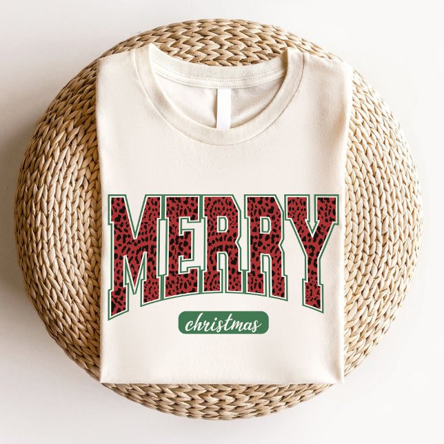 Camiseta Feliz Natal Leopard Verde Vermelho Verde (Merry Christmas Leopard Print Green Red T-Shirt)