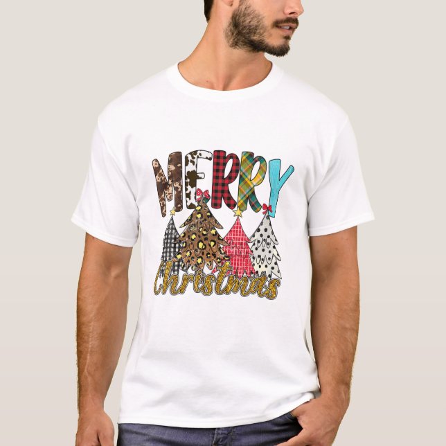 Camiseta Feliz Natal Leopard Xadrez Buffalo Árvore de Xmas (Frente)