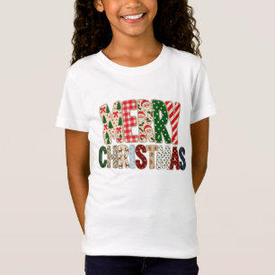 Camiseta Feliz Natal Letreiro Remendado de Duas Linhas Tr