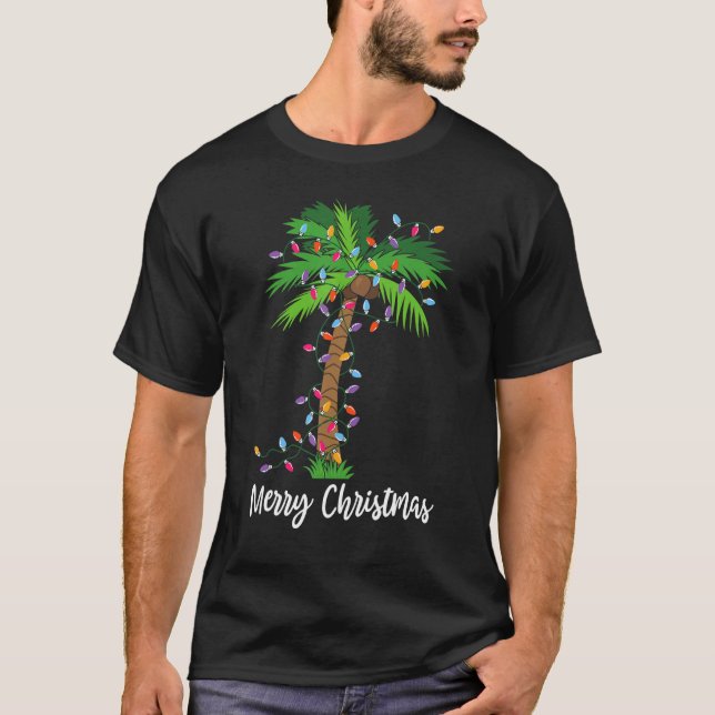 Camiseta Feliz Natal Lights Palm Tree Beach Xmas Pajama (Frente)