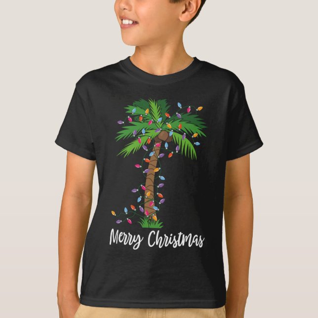 Camiseta Feliz Natal Lights Palm Tree Beach Xmas Pajama (Frente)