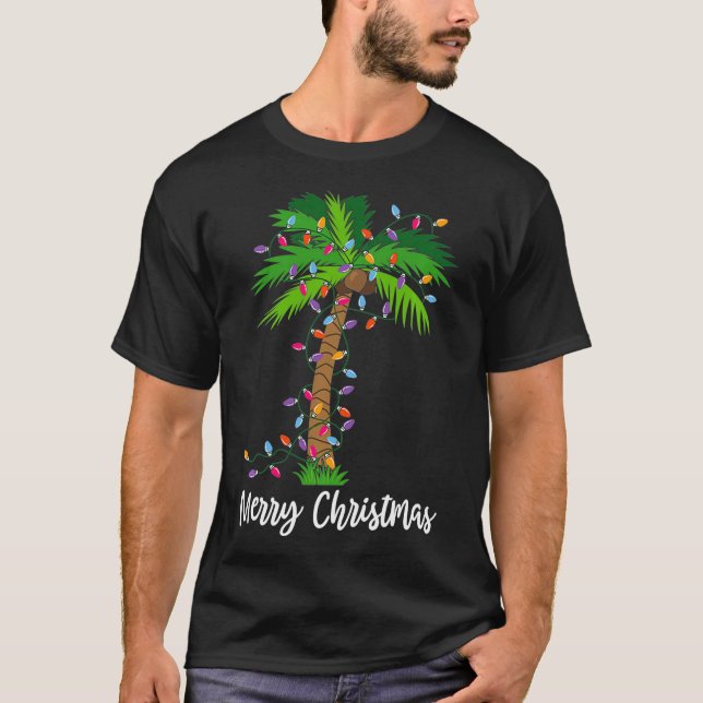 Camiseta Feliz Natal Lights Palm Tree Beach Xmas Pajama (Frente)