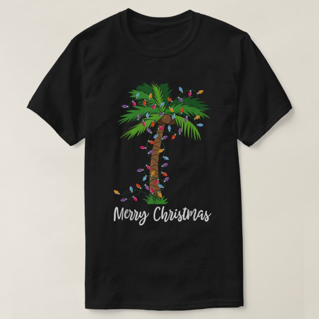 Camiseta Feliz Natal Lights Palm Tree Beach Xmas Pajama (Frente do Design)