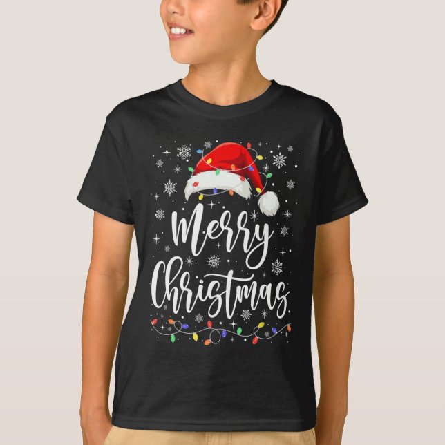 Camiseta Feliz Natal Luz Vermelha Santa Hat Família Xmas M (Frente)