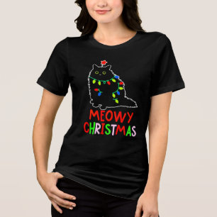 Camiseta Feliz Natal Luzes de Natal Pijama de Gato Preto