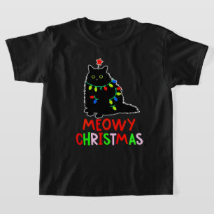 Camiseta Feliz Natal Luzes de Natal Pijama de Gato Preto 