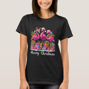 Camiseta Feliz Natal Luzes Flamingo Santa Hat Neve Xma