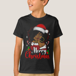 Camiseta Feliz Natal Menina Africana Preta Chapéu do Papai