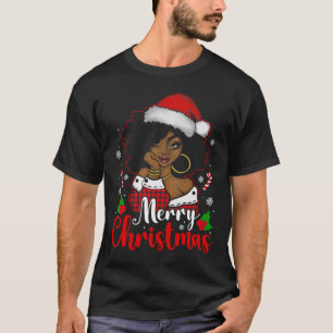 Camiseta Feliz Natal Menina Africana Preta Chapéu do Papai 