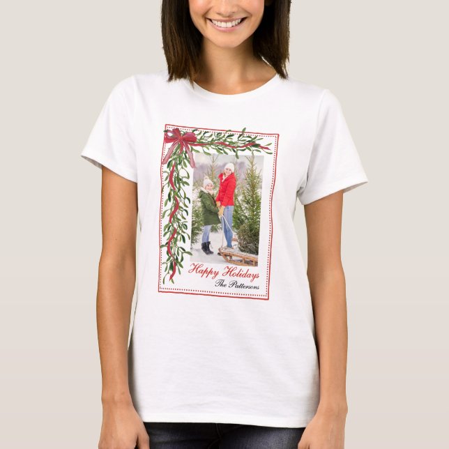 Camiseta Feliz Natal Mistletoe Foto da Família do Arco Verm (Frente)