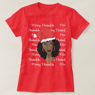 Camiseta Feliz Natal, Mulher Negra, Chapéu Vermelho de Sant