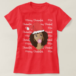 Camiseta Feliz Natal, Mulher Negra, Chapéu Vermelho de Sant
