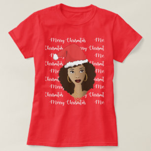 Camiseta Feliz Natal, Mulher Negra, T-Shir Red Santa Hat