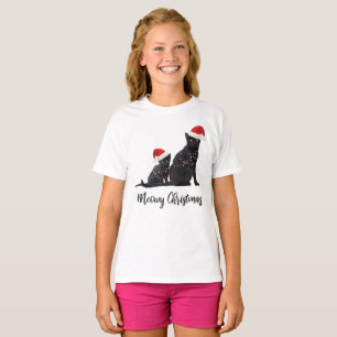 Camiseta Feliz Natal Negro Gato Santa Hat