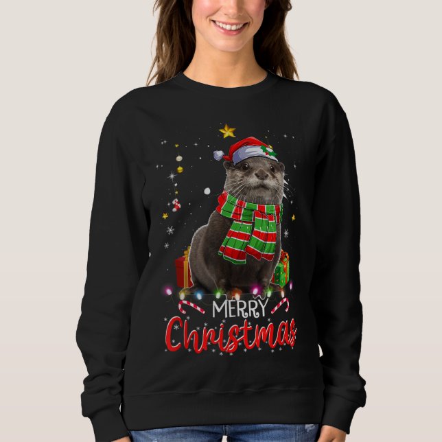 Camiseta Feliz Natal Otter Santa Hat Tree Lights Pajama (Frente)