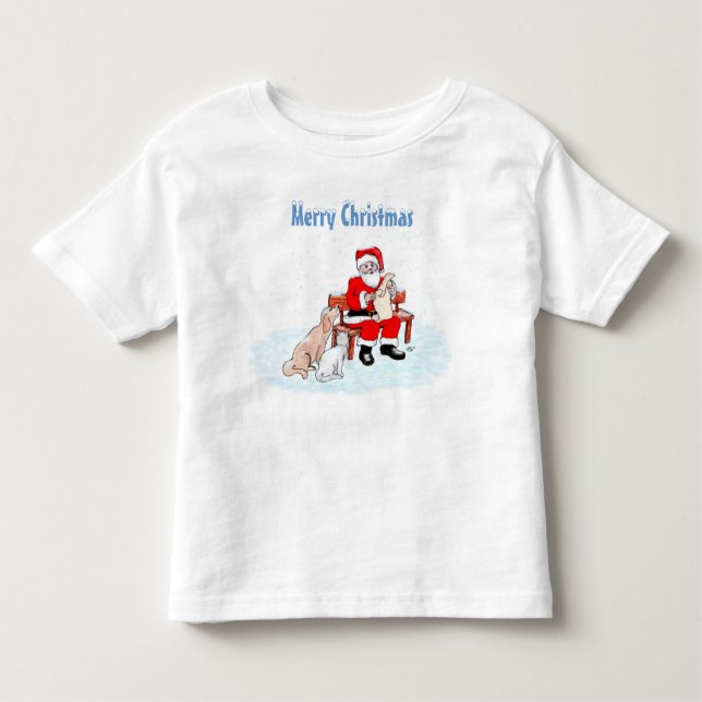 Camiseta Feliz Natal - Papai Noel com Gato e Cachorro (Frente)
