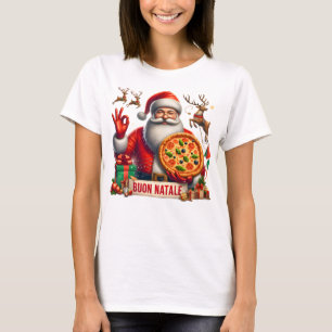 Camiseta Feliz Natal Papai Noel Italiano com Pizza e Rena