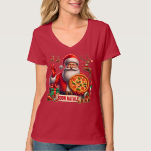 Camiseta Feliz Natal Papai Noel Italiano com Pizza e Rena