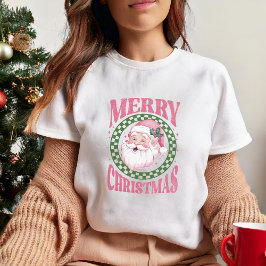 Camiseta Feliz Natal Papais noeis bonitos Retro Cor-de-rosa