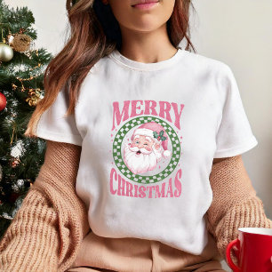 Camiseta Feliz Natal Papais noeis bonitos Retro Cor-de-rosa