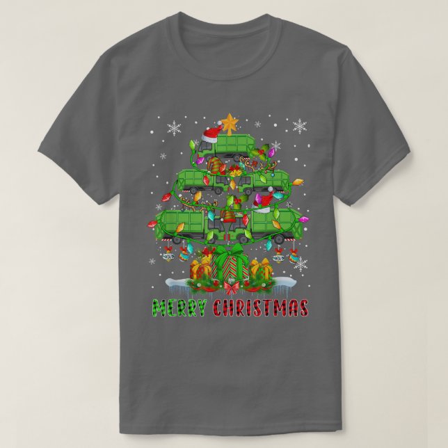 Camiseta Feliz Natal Papais noeis Lixo Caminhões Xmas Tree  (Frente do Design)
